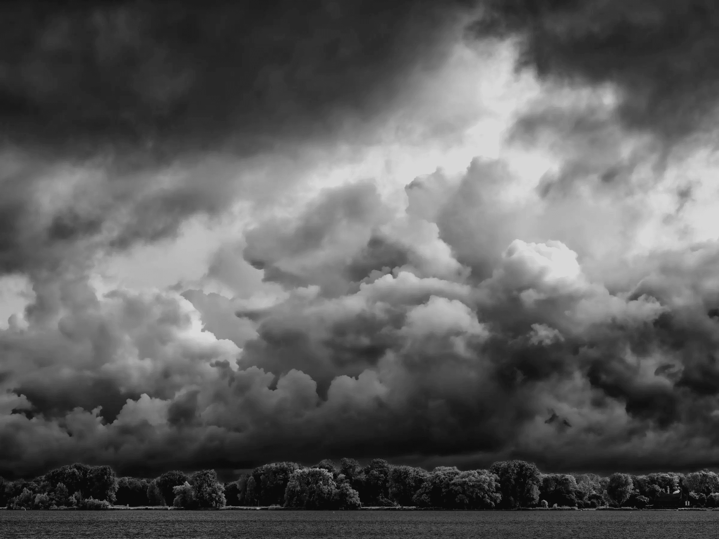 Dramatic black and white landscape photograph from Kralingse Plas, Rotterdam. A dark, turbulent sky filled with voluminous, heavy storm clouds dominates the scene.