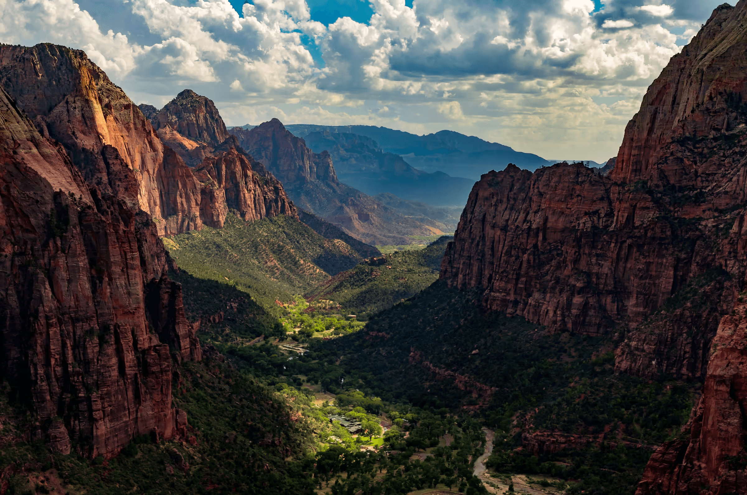 Landscape photograph capturing a panoramic vista from Angels Landing trail in Zion National Park, Utah.