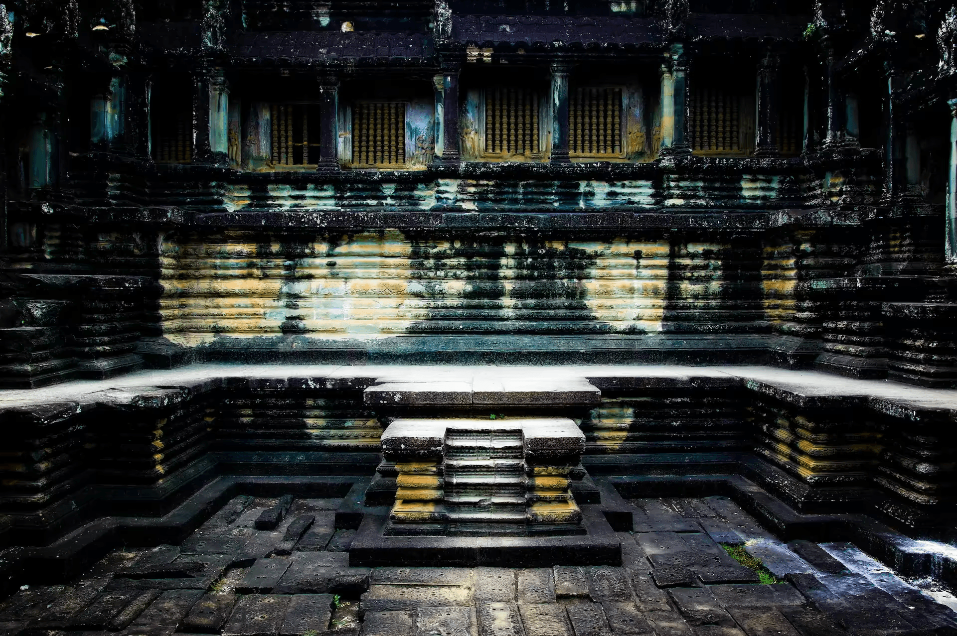 Angkor Wat Interior: Ancient Stone Echoes Interior stone architecture of Angkor Wat temple in Cambodia.
