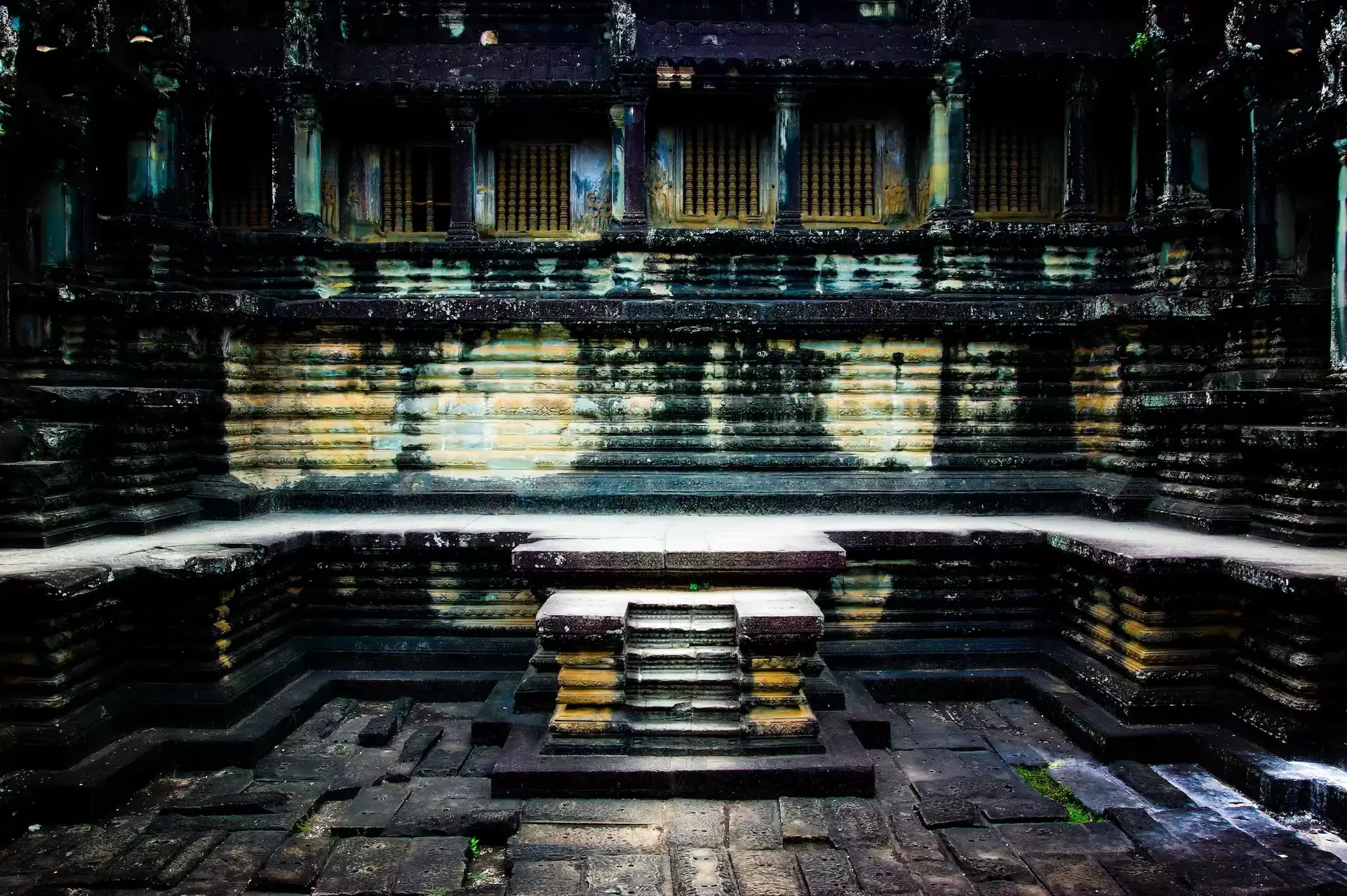 Interior stone architecture of Angkor Wat temple in Cambodia.
