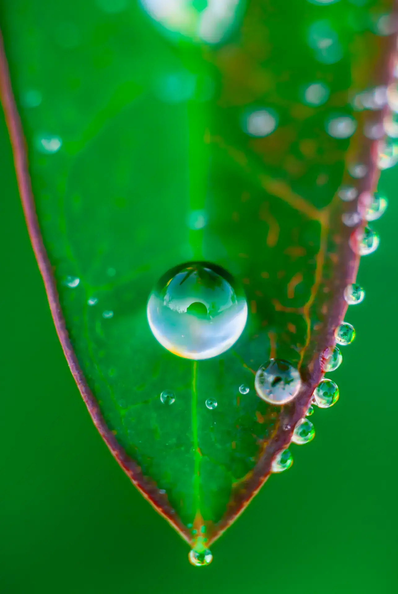 Ephemeral Pearl: Dewdrop on a Leaf Macro photograph of a large dewdrop hanging from the tip of a green leaf.