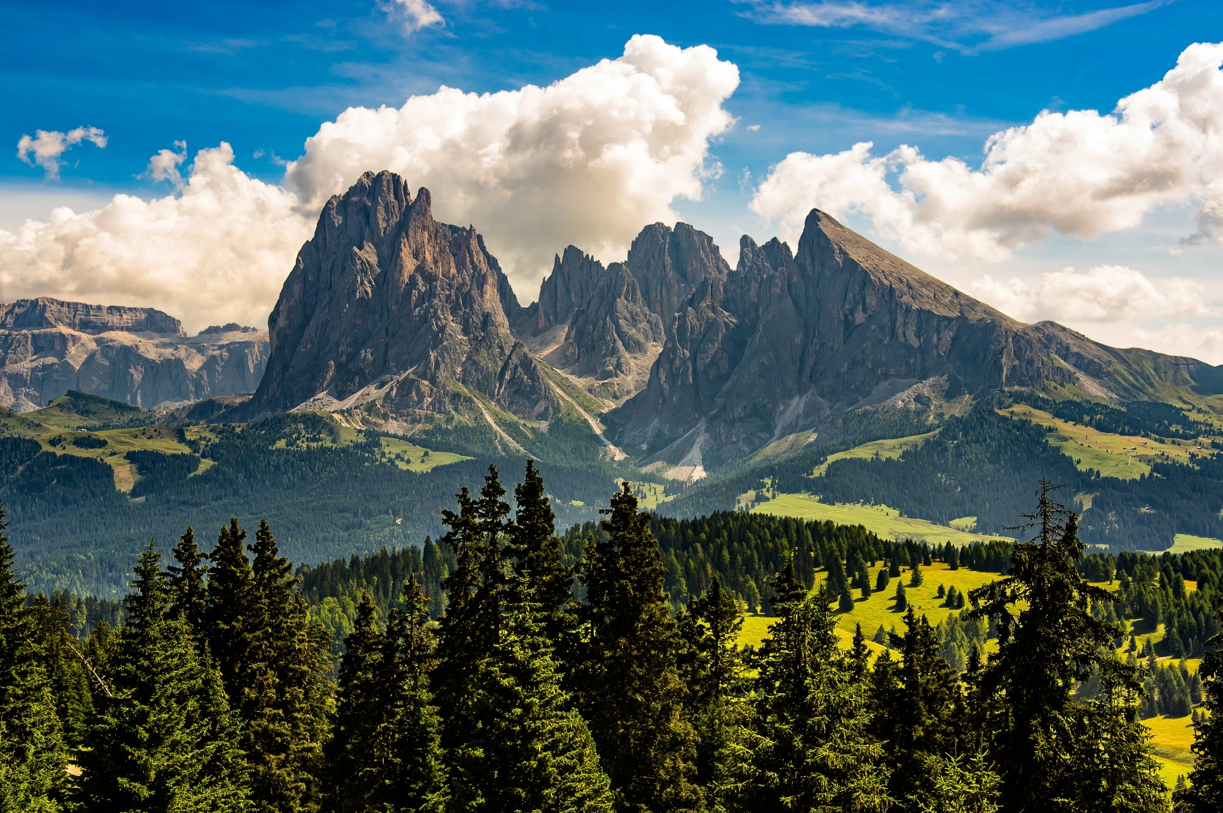 Landscape view of dolomites langkofel mountain color.