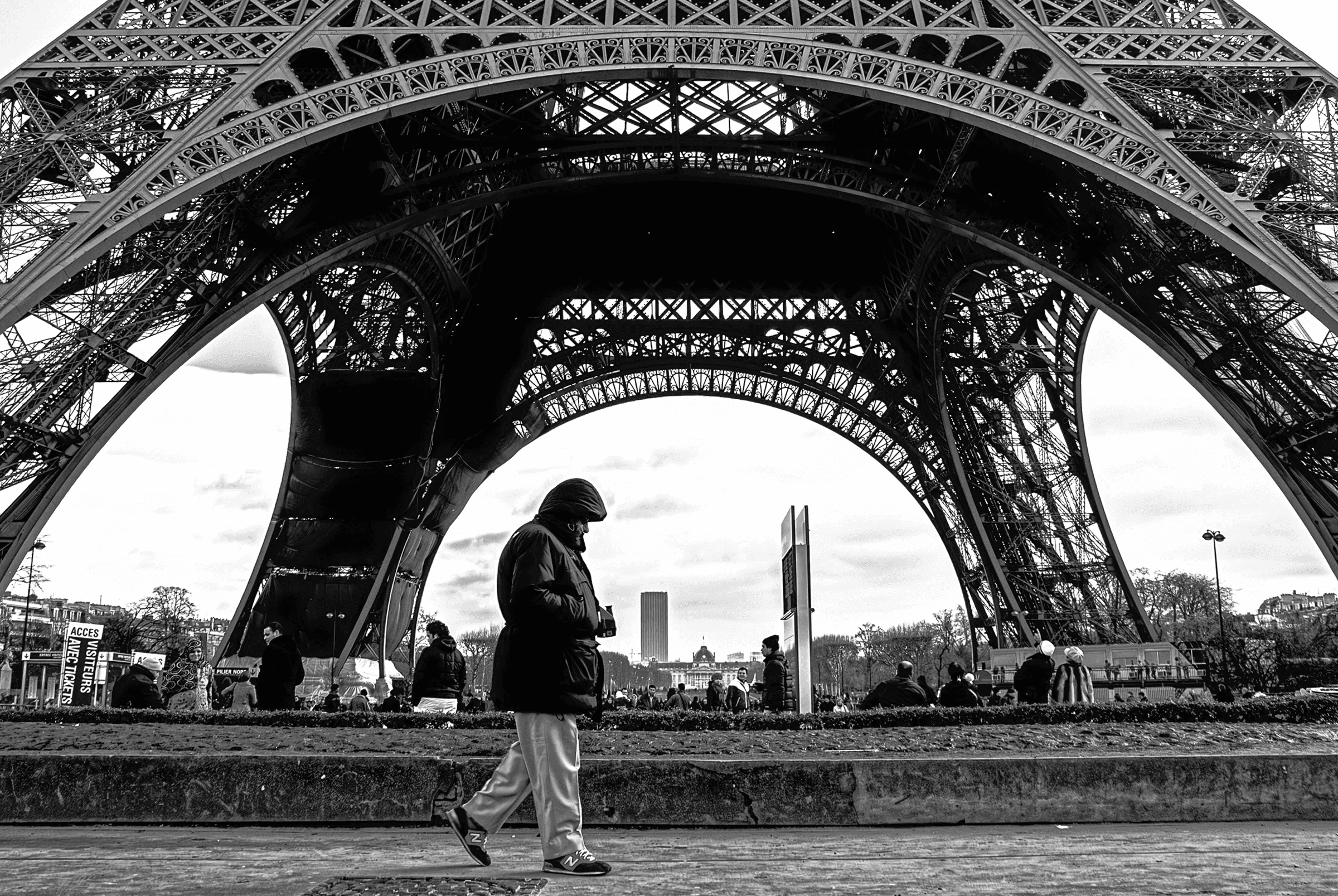 Eiffel Tower in Paris, France, taken from a low angle.