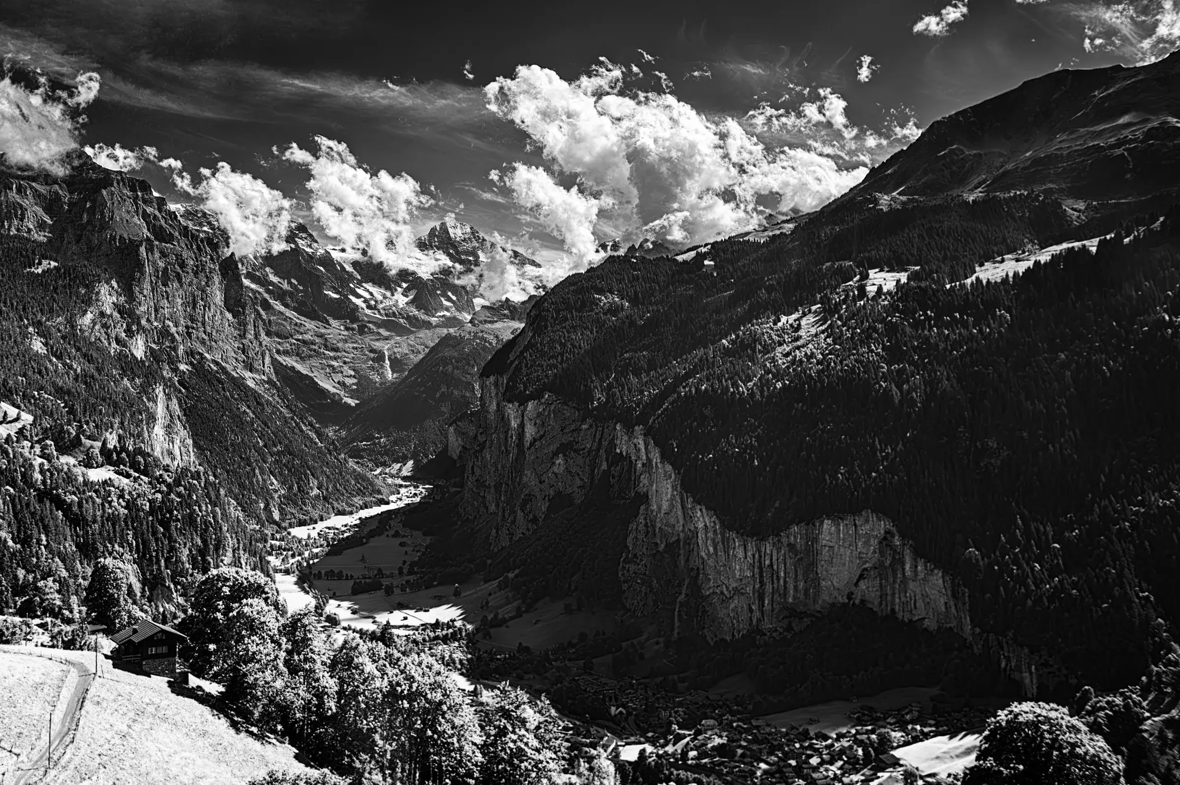 Alpine Valley Vista (B&W) Black-and-white view of the Lauterbrunnen valley in the Swiss Alps.