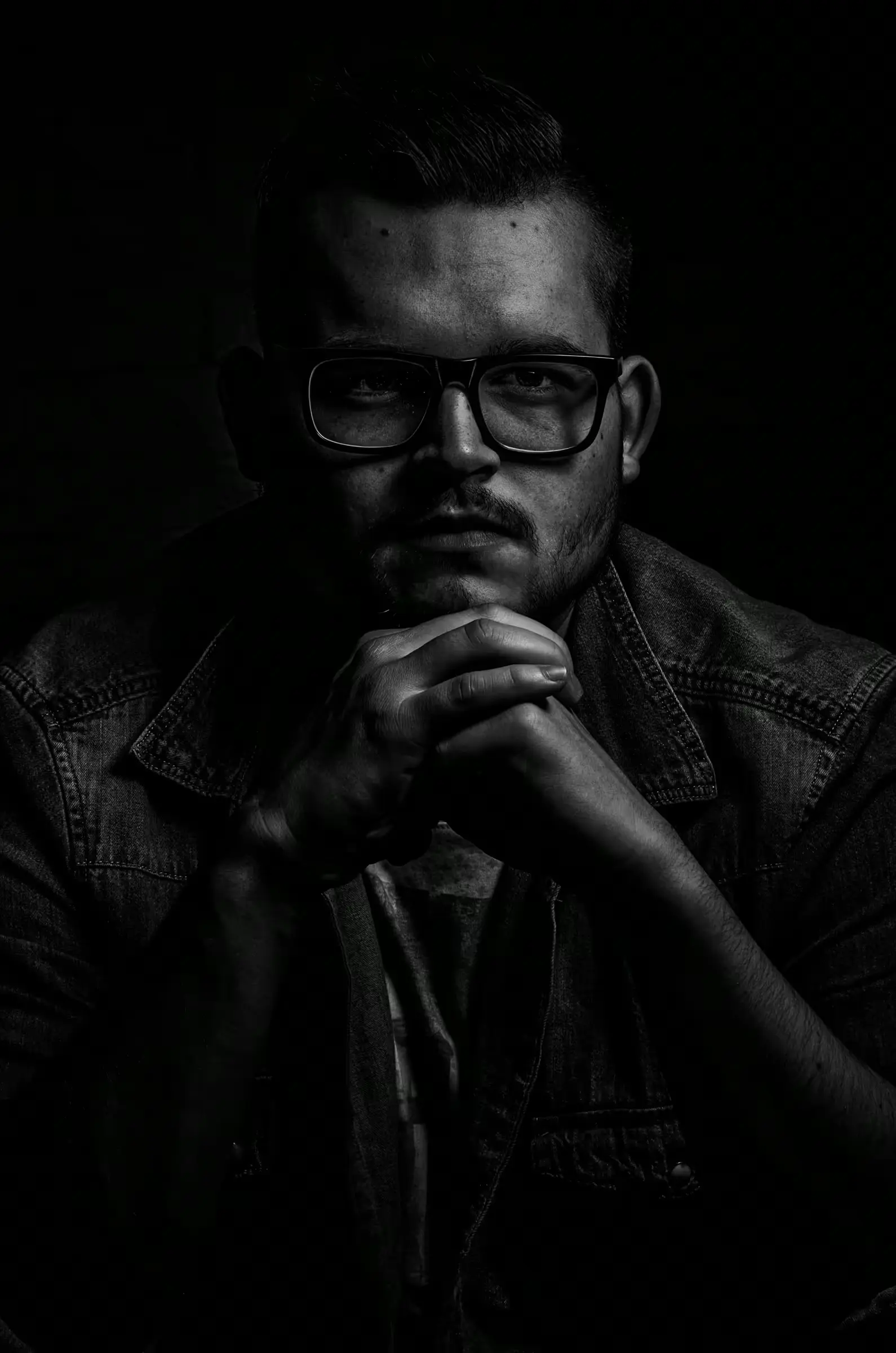 Low-key black and white portrait photograph of a man wearing glasses.