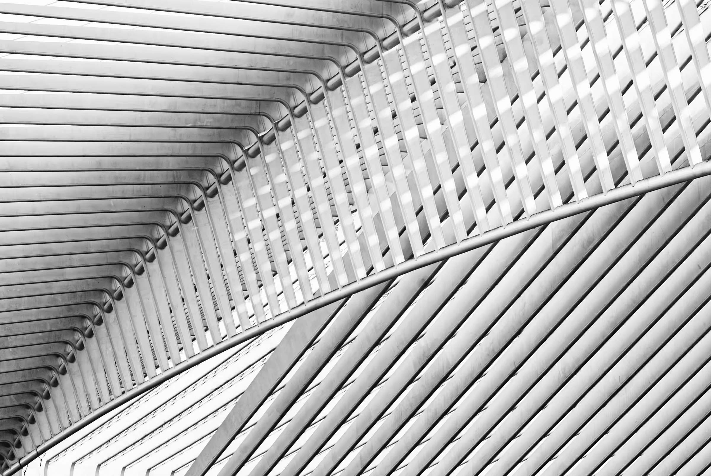 A black and white abstract photograph focusing on the linear geometry of Liège-Guillemins train station designed by Santiago Calatrava.