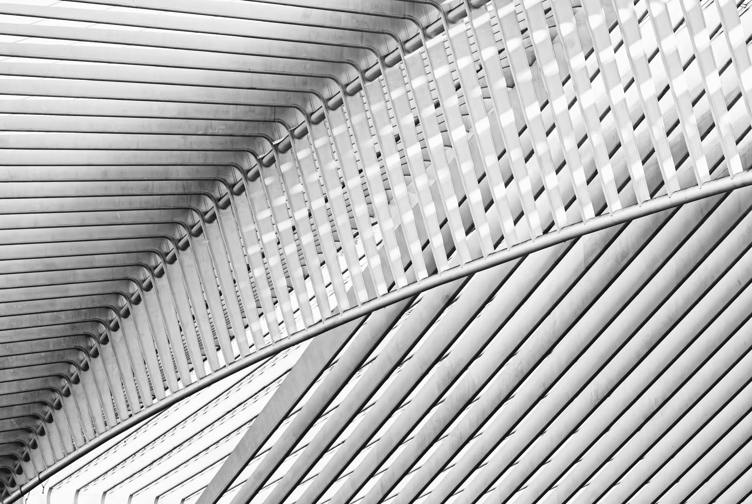 A black and white abstract photograph focusing on the linear geometry of Liège-Guillemins train station designed by Santiago Calatrava.