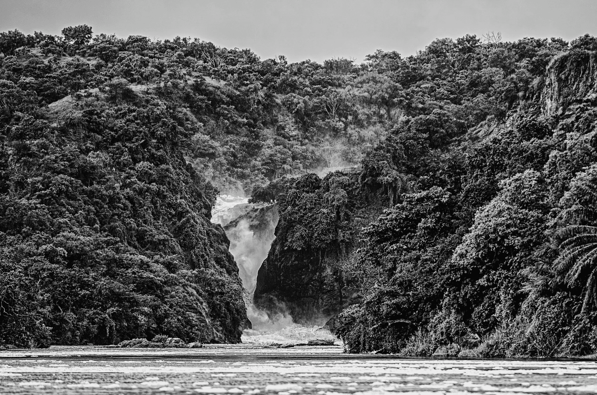 Black and white landscape photograph of the powerful Murchison Falls surging through a narrow gorge in Uganda, surrounded by lush vegetation.