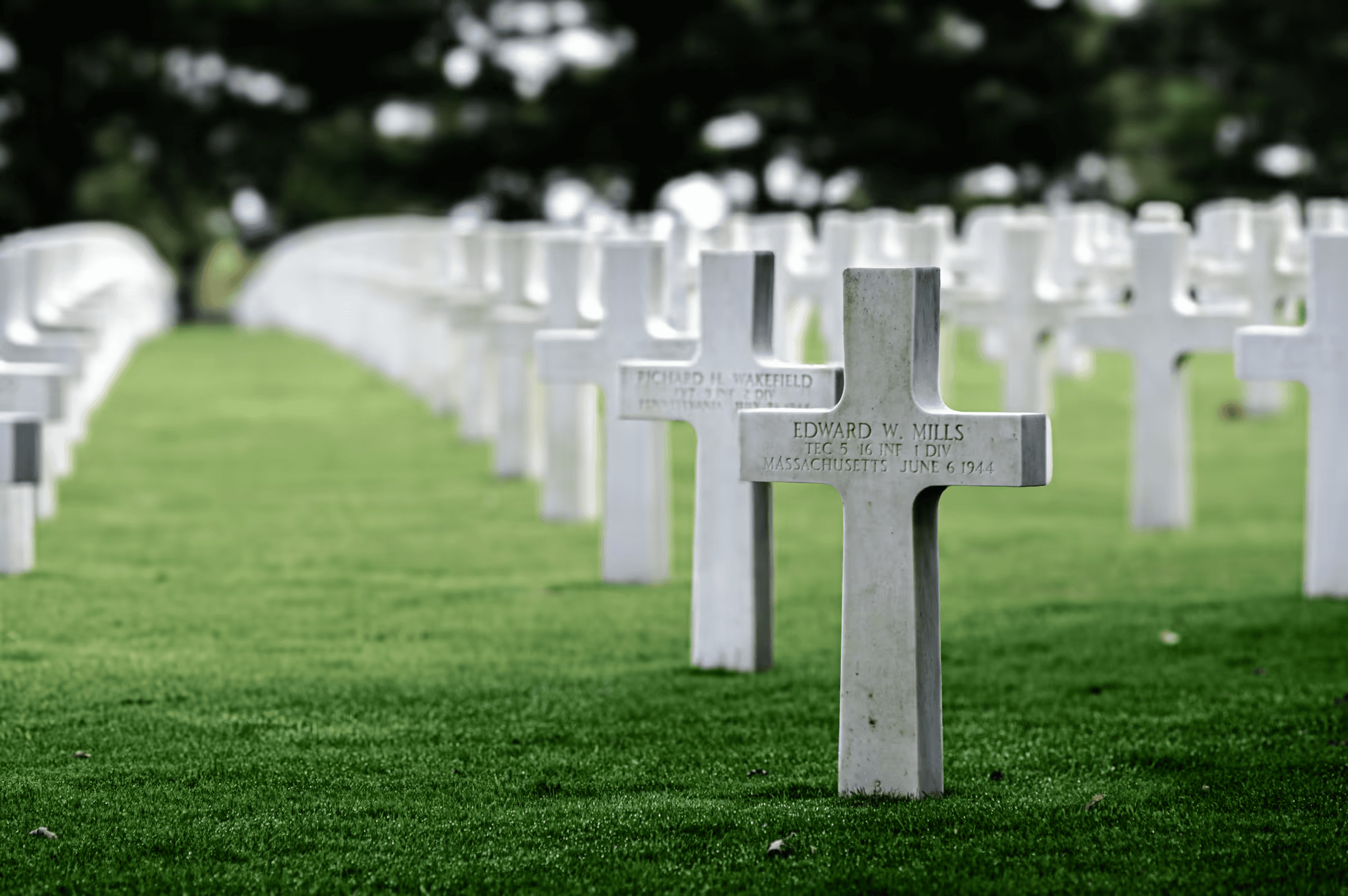 Landscape photograph of the Normandy American Cemetery and Memorial in Colleville-sur-Mer, France. Rows of white crosses stretch across a green lawn, with a close-up of one cross bearing the inscription 'EDWARD W.