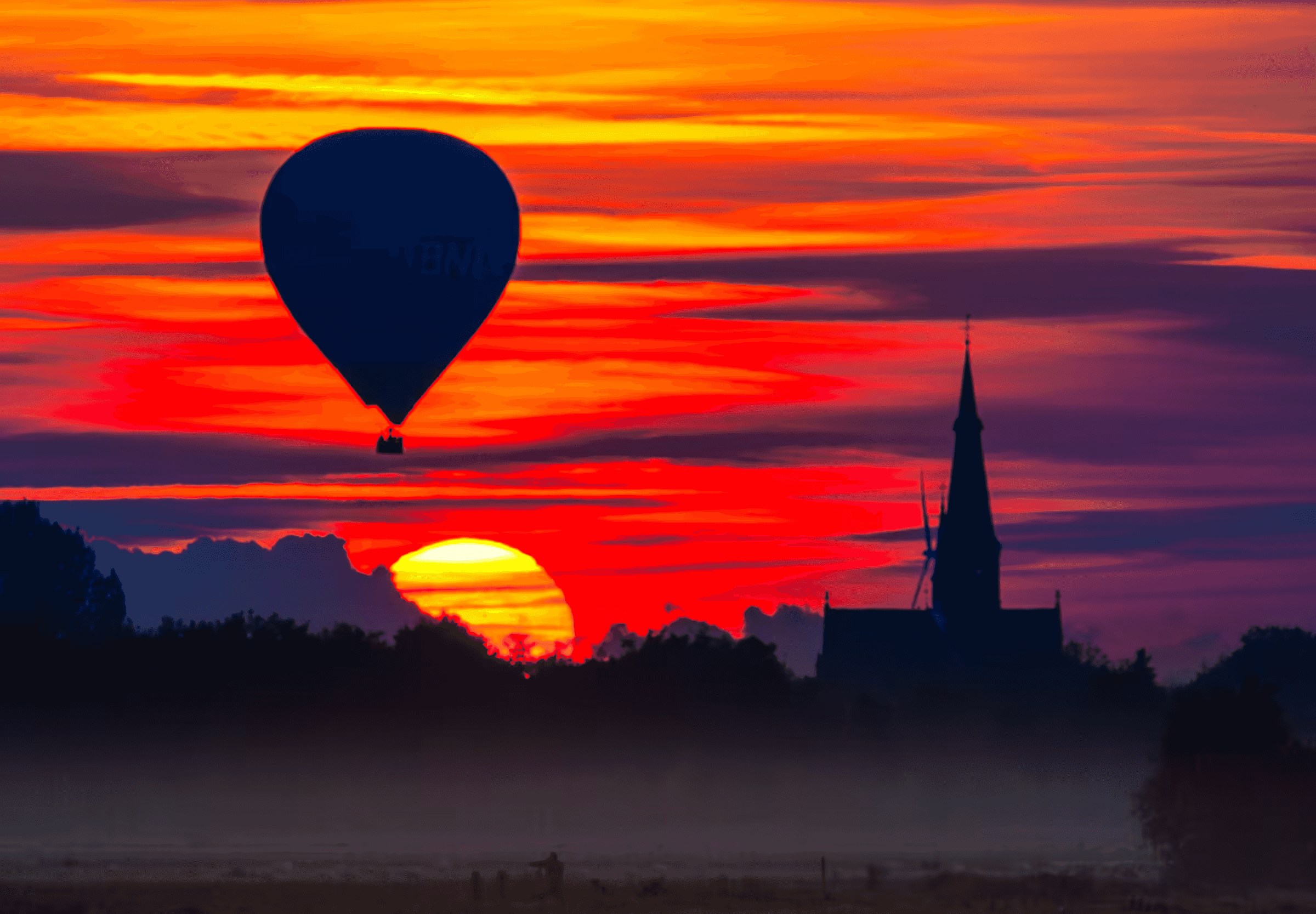 North Brabant Sunset Serenity A hot air balloon silhouetted against a vibrant sunset in North Brabant, Netherlands.