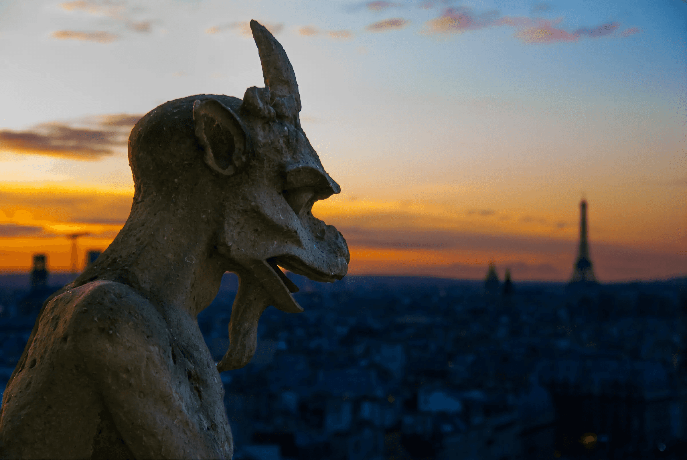 Notre Dame Gargoyle Dusk in Paris.