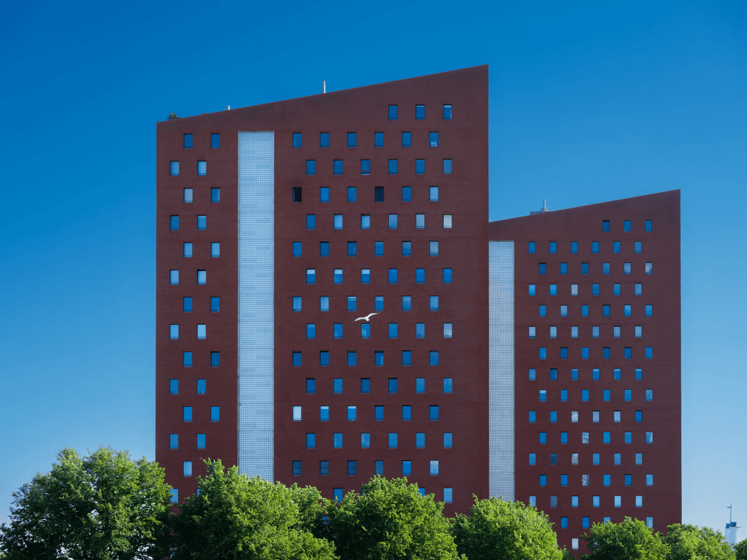Two reddish-brown residential towers at the 2e Katendrechtse Haven in Rotterdam.