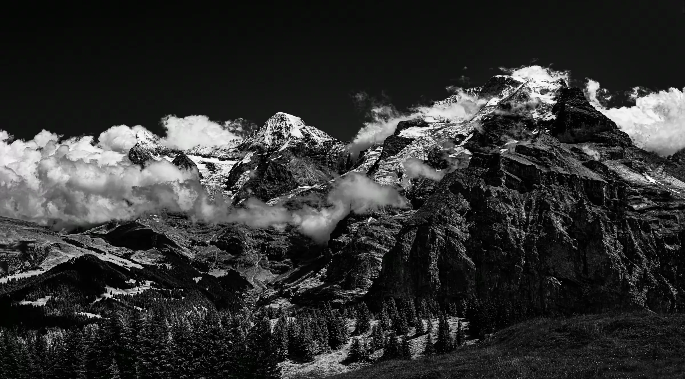 Alpine Giants in Monochrome Eiger, Mönch, and Jungfrau mountains in the Swiss Alps, viewed from Mürren.