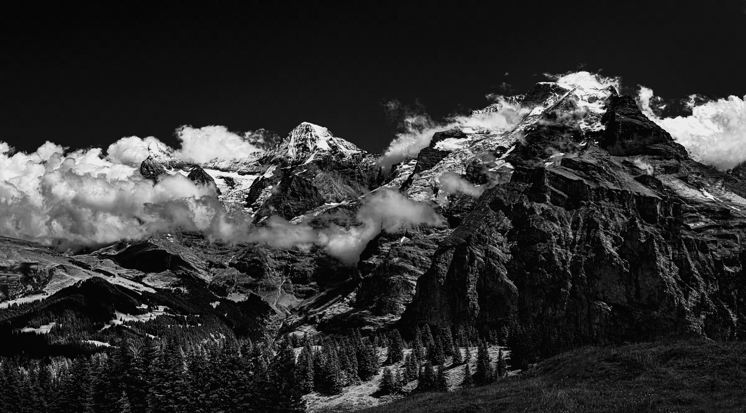 Alpine Giants in Monochrome Eiger, Mönch, and Jungfrau mountains in the Swiss Alps, viewed from Mürren.