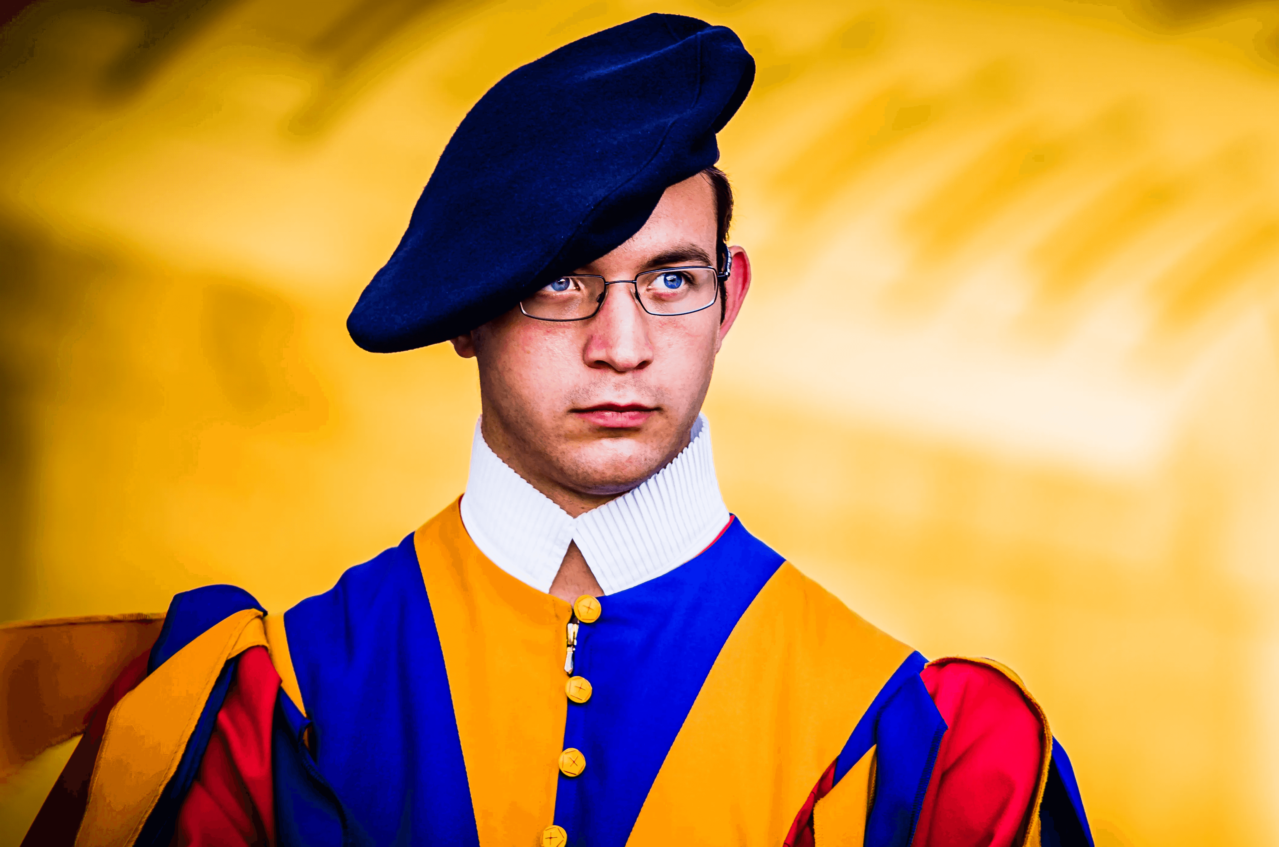 Swiss Guard Portrait Close-up color portrait of a Swiss Guard at the Vatican.