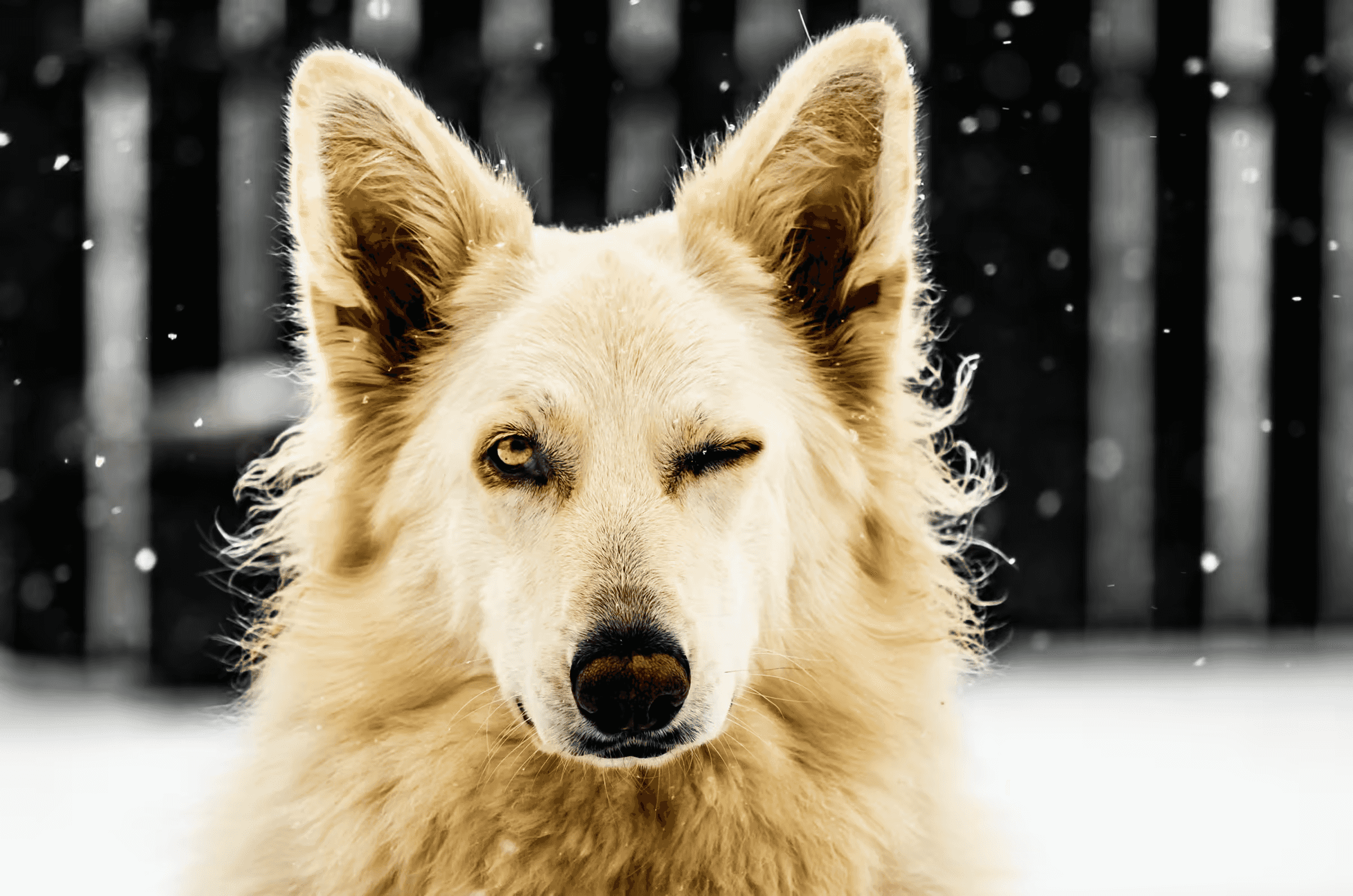 Winking Wonder: White Shepherd's Wink A White Swiss Shepherd Dog playfully winking with one eye closed in a snowy winter scene.