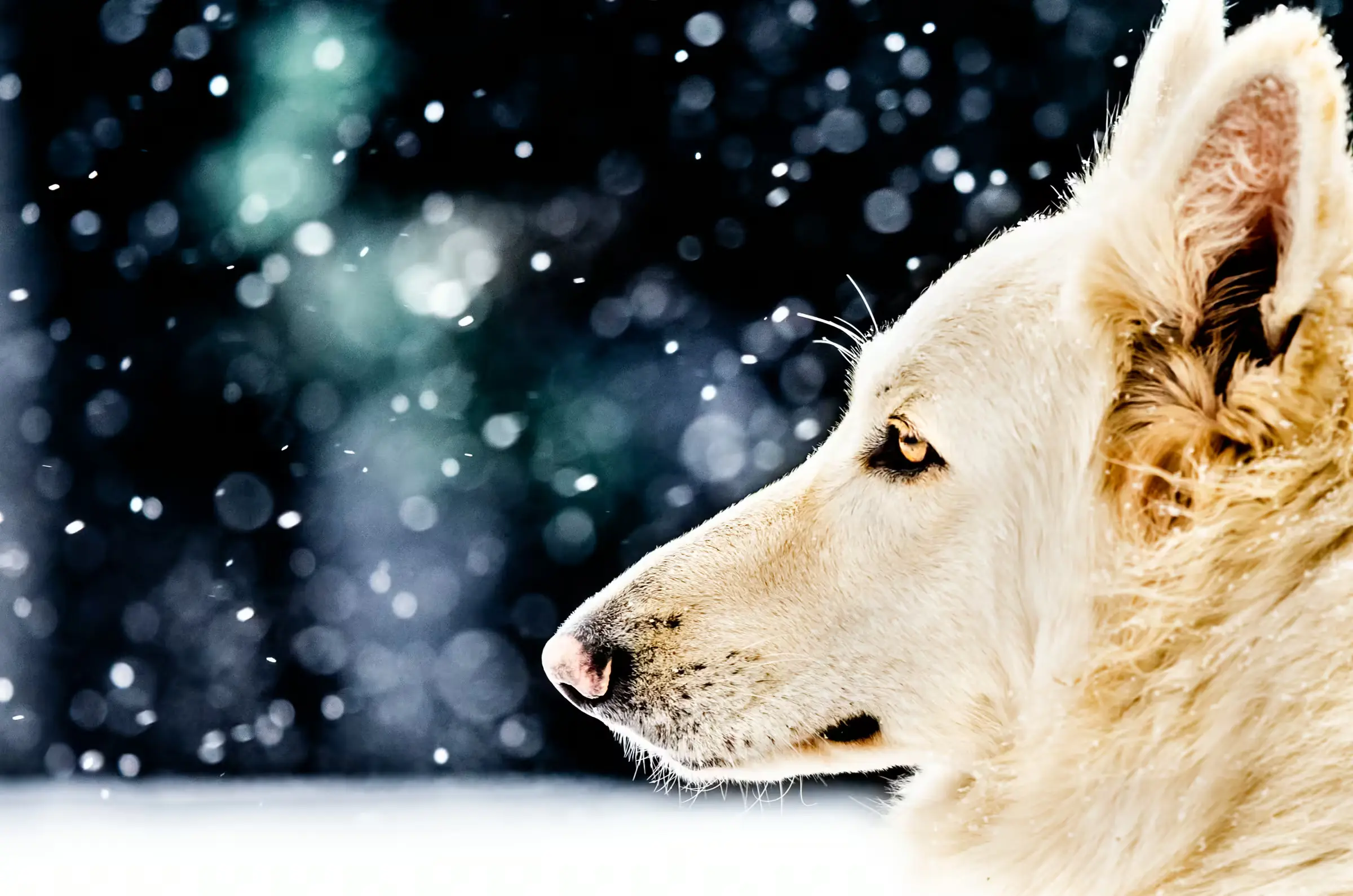 Winter's Gaze: White Shepherd in Snowfall A White Swiss Shepherd in falling snow in Rotterdam.